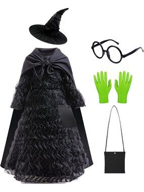 Elphaba Halloween Costume Witch Cosplay Outfit Black Dress Girls 10 Years